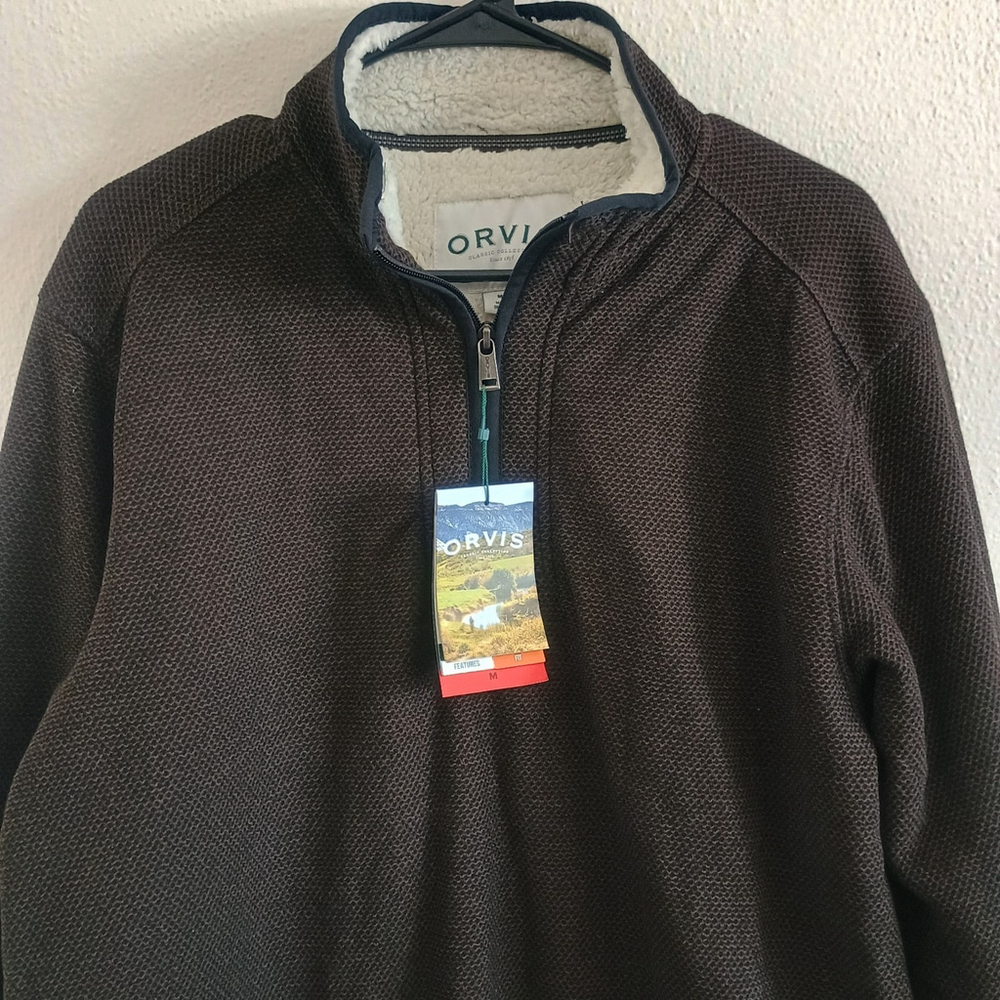 NWT Orvis Mens 1/4 Zip Pullover Sweater Jacket Sherpa Lined Brown Size Medium - Picture 3 of 9